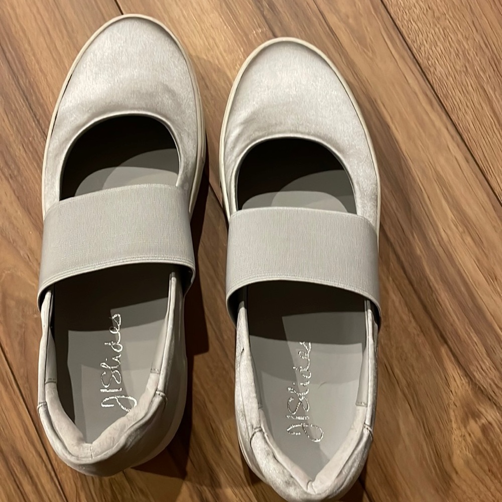 J/Slides Silver Mary Jane Platform Sneakers Satin NEW